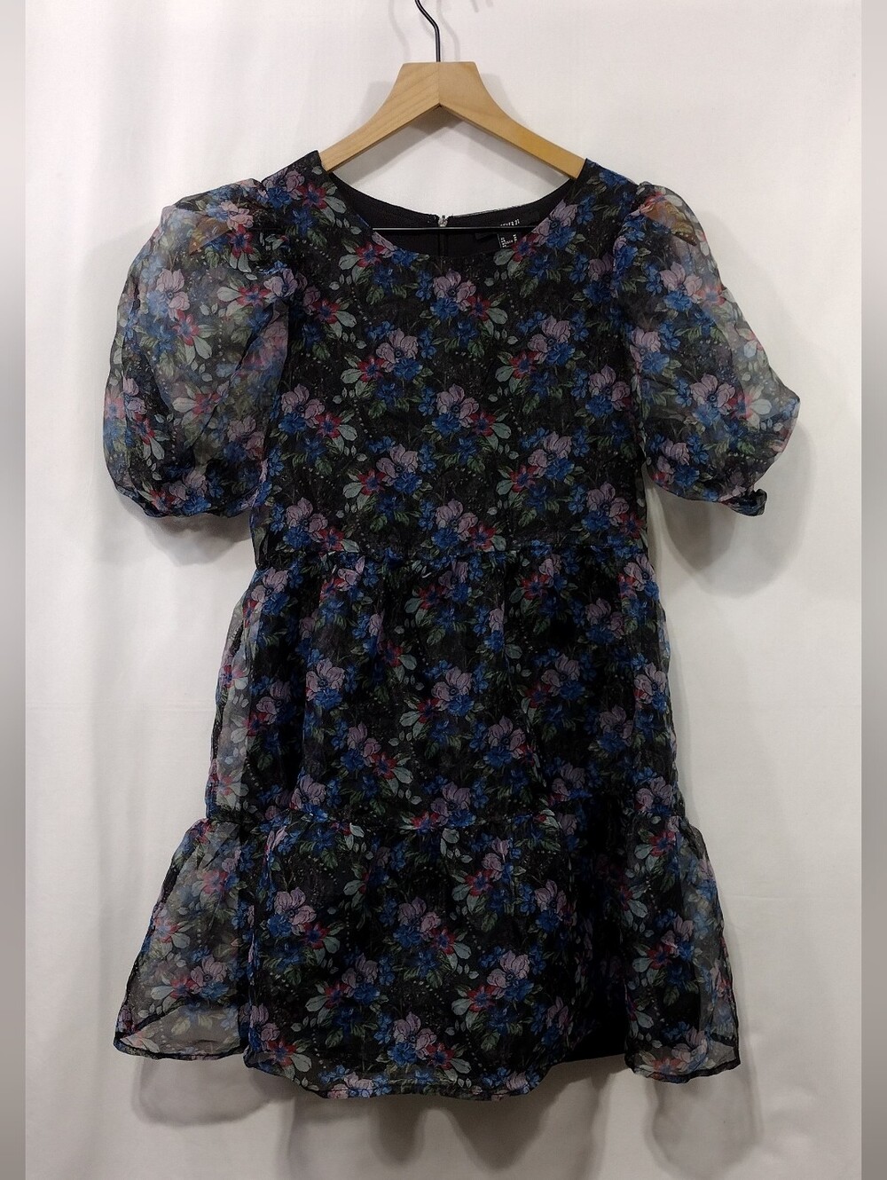Forever 21 Floral Puff-Sleeve Dress Black Womens M Babydoll Fairy Retro